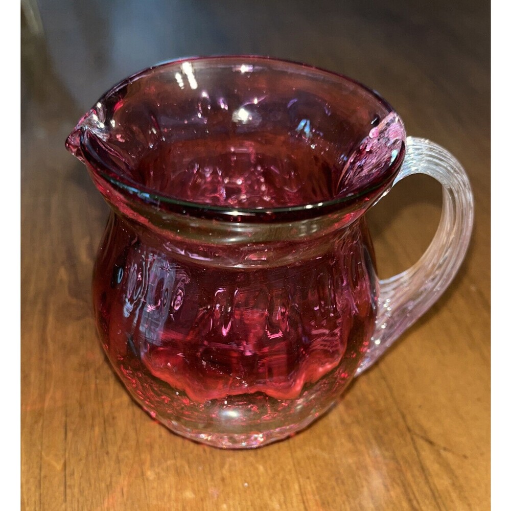 Pilgrim Glass Hand Blown Optic Cranberry 3.5"  Pitcher w/Ribbed Applied Handle